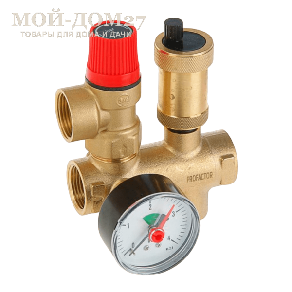 Группа безопасности котла проходная 3/4" (3 бар.) | Мой-Дом27 | Комплексная защита закрытой системы отопления от превышения максимально допустимого рабочего давления и отвода из неё воздуха, пара, газов<br>Используется в местах с ограниченным пространством<br>
Максимальное давление в системе приводящее к срабатыванию: 3 bar<br>
Температура рабочей среды: от -20°С до +95°С